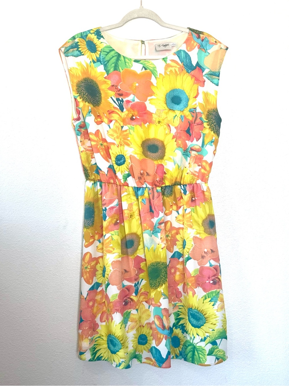 J TAYLOR SUNFLOWER DRESS BRIGHT FLORAL A LINE SLEEVELESS SIZE 12